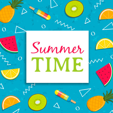 Summer time greeting card illustration of colorful tropical fruit ice cream. Includes watermelon,...