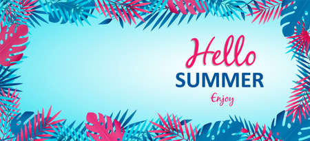 Hello Summer banner illustration for summertime season. Pink typography quote with tropical plants, palm tree leaves and copy space.のイラスト素材