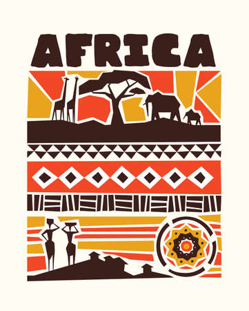 Africa concept illustration with traditional african style art decoration. Includes wild safari animals, tribe women and ethnic shapes.のイラスト素材