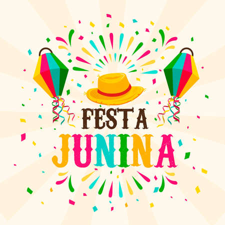 Happy Festa Junina greeting card illustration for traditional brazilian festival celebration. Colorful paper balloon and straw hat with text quote.のイラスト素材