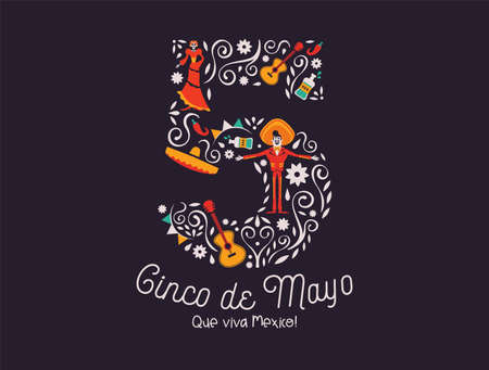 Happy Cinco de Mayo greeting card illustration for mexico independence celebration. May 5th number with traditional culture decoration. Includes mariachi man, skeleton woman and guitar.のイラスト素材