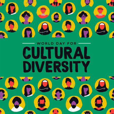 Cultural Diversity Day greeting card illustration. Diverse social group of people includes muslim,...