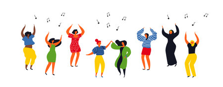 Women group dancing together on isolated white background. Diverse girl team at celebration or...