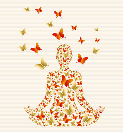 Woman silhouette doing lotus yoga pose made of gold butterfly. Zen meditation concept.のイラスト素材