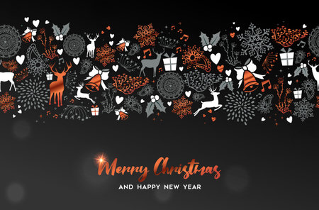 Merry Christmas and Happy New Year greeting card with copper ornament decoration pattern on black background. Xmas season illustration for holiday event. のイラスト素材