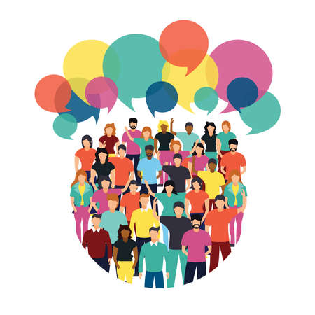 Social people group with colorful chat bubbles and diverse team on isolated white background. Internet communication or network concept.のイラスト素材