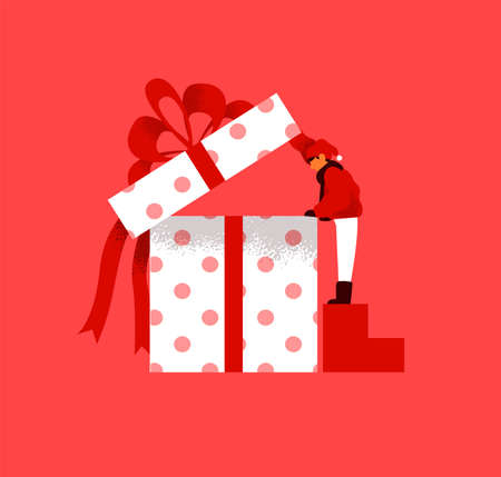 Christmas season illustration of boy opening big gift box in red colors. Holiday concept with kid and xmas present. のイラスト素材