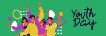 Happy youth day web banner illustration of fun teen friend group. Social young people together at party time with colorful decoration and retro 90s fashion.のイラスト素材