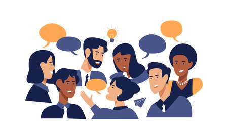 Diverse office people talking at brainstorming business meeting. Professional multi ethnic work colleagues in conversation with speech bubbles on isolated white background