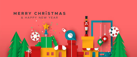 Merry Christmas Happy New Year papercut web banner illustration of holiday season landscape in paper fold style. Includes festive winter shops, ornaments and pine trees.のイラスト素材