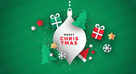 Merry Christmas illustration of realistic 3d papercut decoration. Holiday season icons with ornament bauble shape frame.