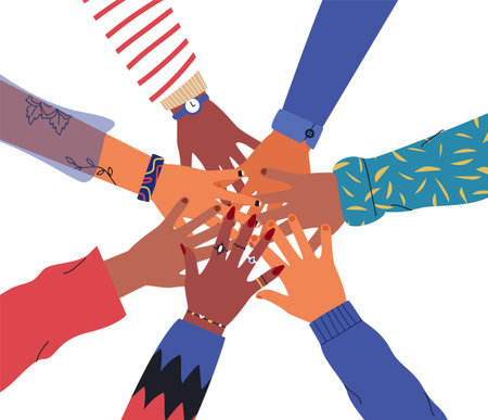 Friends high five concept. Illustration of people hands together for unity or diversity teamwork....