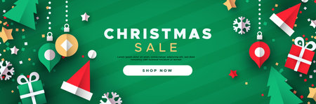 Christmas sale web banner template of 3d paper cut holiday icon decoration. Includes gift box, bauble, santa hat and pine tree.のイラスト素材