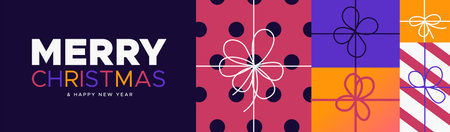 Merry Christmas and Happy New Year web banner illustration. Colorful gift boxes in modern gradient...