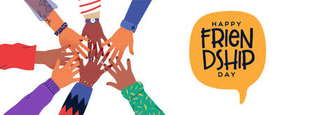 Happy Friendship Day web banner illustration of friends hands together in circle shape. People group hand round with diverse helping team.のイラスト素材