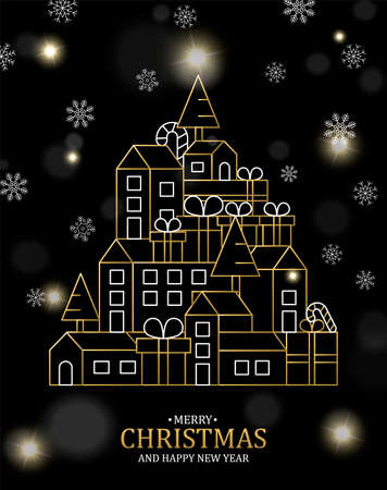 Merry Christmas Happy New Year illustration of gold city with pine trees and gift boxes on black winter background.のイラスト素材