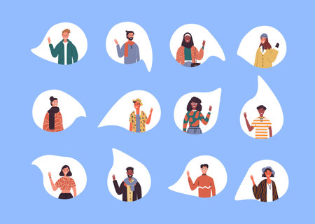 Diverse multi ethnic people set waving hello on isolated white background. World wide culture mix of...