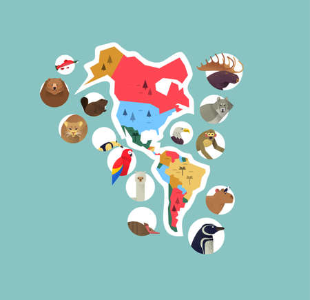 The Americas continent map with wild animals from south and north america. Diverse wildlife icons includes bear, monkey, bird, wolf, exotic fauna.のイラスト素材