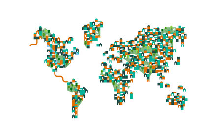 World Map illustration of geometric flat cartoon houses and green parks with trees. Population...