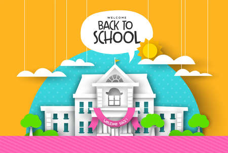Back to school greeting card illustration of 3d papercut highschool or elementary building with paper cut trees and sky landscape. Colorful fun class event design for kids.のイラスト素材