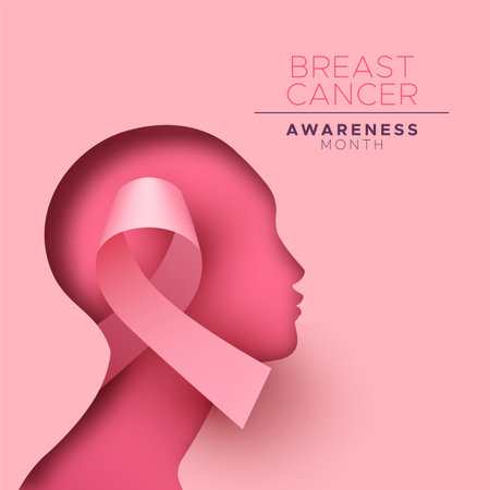 Breast Cancer awareness month  greeting card  of pink silk ribbon inside paper cutout woman head for health campaign concept.のイラスト素材