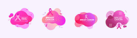 Breast Cancer Awareness greeting card set with pink ribbon on isolated whiteのイラスト素材