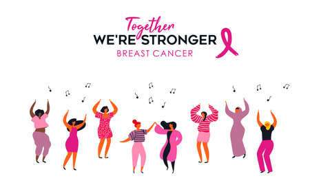 Breast Cancer awareness month  of diverse women group dancing together.のイラスト素材