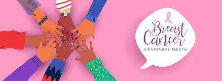 Breast Cancer Awareness banner with pink ribbon and diverse woman hands.