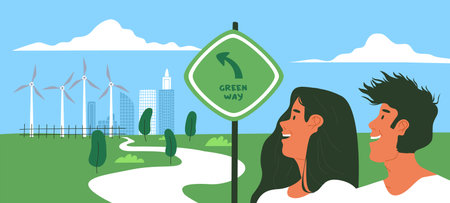 Happy people going to green city, man and woman in eco friendly town park with clean energy wind...