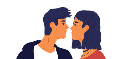 Romantic young couple illustration, teen woman and man looking into each other eyes for valentines day or youth relationship concept. Flat cartoon characters in love.のイラスト素材
