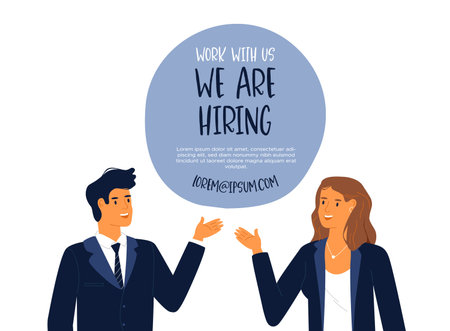 Happy business man and woman looking for vacant job position, we are hiring template illustration....