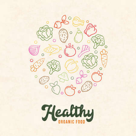 Organic food illustration of colorful hand drawn vegetable icons in outline style. Fresh product concept for healthy diet or cooking ingredients.のイラスト素材