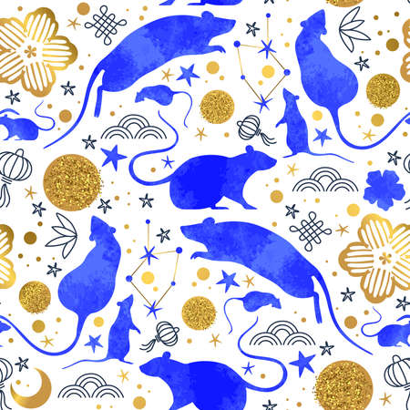 Chinese New Year of the rat seamless pattern with blue watercolor mouse animals, gold asian culture icons and hand drawn doodles. Traditional lunar festival holiday background.のイラスト素材