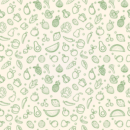Natural food seamless pattern of green outline vegetable and fruit icons. Organic foods concept...