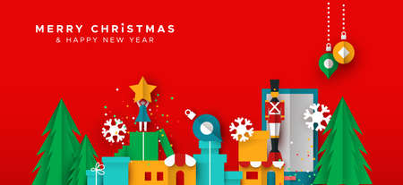 Merry Christmas Happy New Year papercut web banner illustration of holiday season landscape in paper fold style. Includes festive winter shops, ornaments and pine trees.のイラスト素材