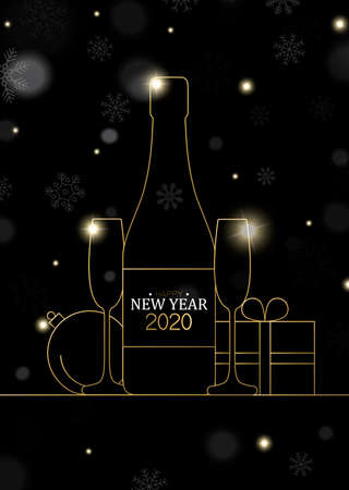 Happy New Year 2020 greeting card illustration. Gold outline party drinks, gift box and ornament bauble on black winter background.のイラスト素材