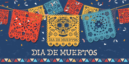 Day of the dead greeting card for mexican celebration, traditional mexico papercut banner decoration with colorful skulls and party confetti.のイラスト素材