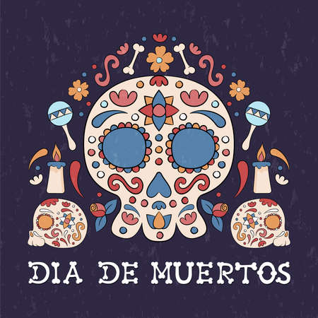 Day of the dead greeting card, traditional mexican sugar skull, candles and flowers illustration for mexico holiday event.のイラスト素材
