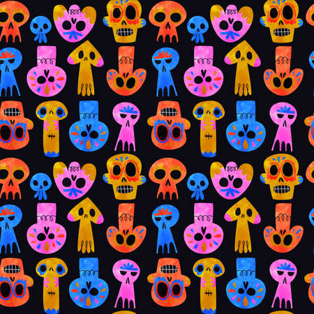 Day of the dead skull seamless pattern, funny watercolor skeleton smiley faces, colorful mexican culture icon background.のイラスト素材