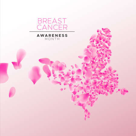 Breast Cancer awareness month floral banner illustration, butterfly made of rose flower petals for health campaign concept background.のイラスト素材
