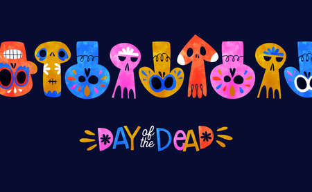 Day of the dead greeting card illustration for traditional mexican holiday event. Funny colorful sugar skull watercolor decoration.のイラスト素材
