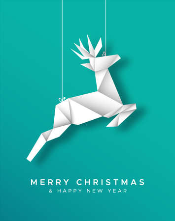 Merry Christmas and Happy New Year greeting card illustration of paper craft origami reindeer ornament for holiday season event or invitation.のイラスト素材