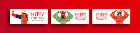 Merry Christmas New Year banner set of happy family people in festive flat cartoon style. Cheerful...