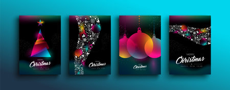 Merry Christmas Happy New Year collection of colorful holographic pine tree and multicolor bauble...