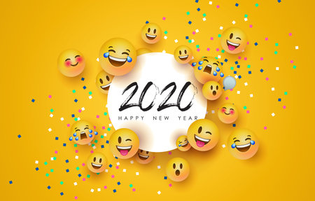 Happy New Year 2020 greeting card of funny 3d  yellow face social icons and paper frame. Fun chat...