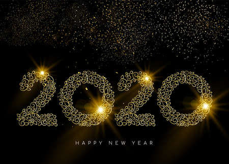 Happy New Year greeting card. Linear 2020 deco sign in gold monogram ornament style on night sky background with fireworks.