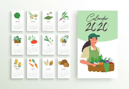 2020 calendar template, new year planner with farm concept cartoon on isolated white background. Monthly date schedule for business week organizer includes rural woman worker, animal and vegetable.のイラスト素材