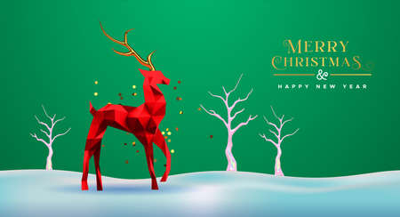 Merry Christmas Happy New Year greeting card, low poly 3d red reindeer with gold antler on green holiday background. Paper craft origami deer design for seasons greetings.のイラスト素材