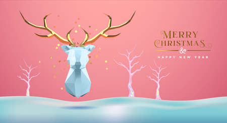 Merry Christmas Happy New Year greeting card, low poly 3d reindeer head with gold antler on delicate winter snow landscape. Paper craft origami deer design for seasons greetings.のイラスト素材