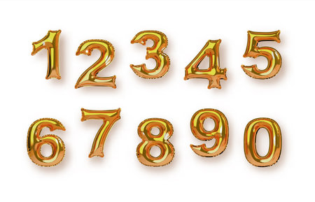 Gold foil balloon number collection on isolated white background. Birthday year or business sale...